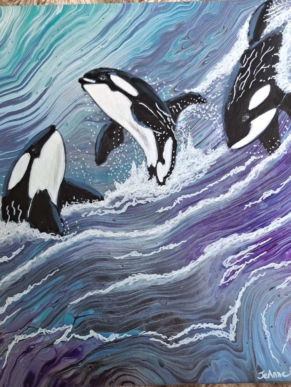 Hand Painted Dynamic Orca Pod Playing in the Waves - Picture 7 of 8